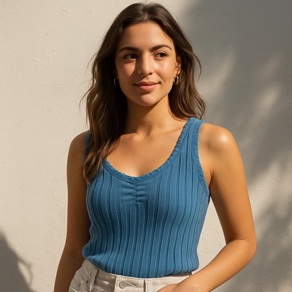 NWT Pink Rose Ribbed Knit Cropped Tank Top in Dreamy Blue L - Picture 2 of 11